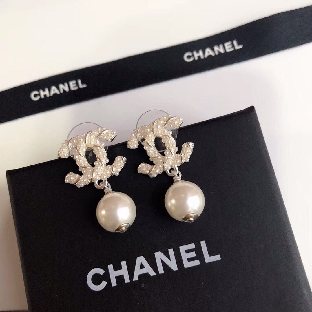 Chanel CC Drop Pearl Earrings