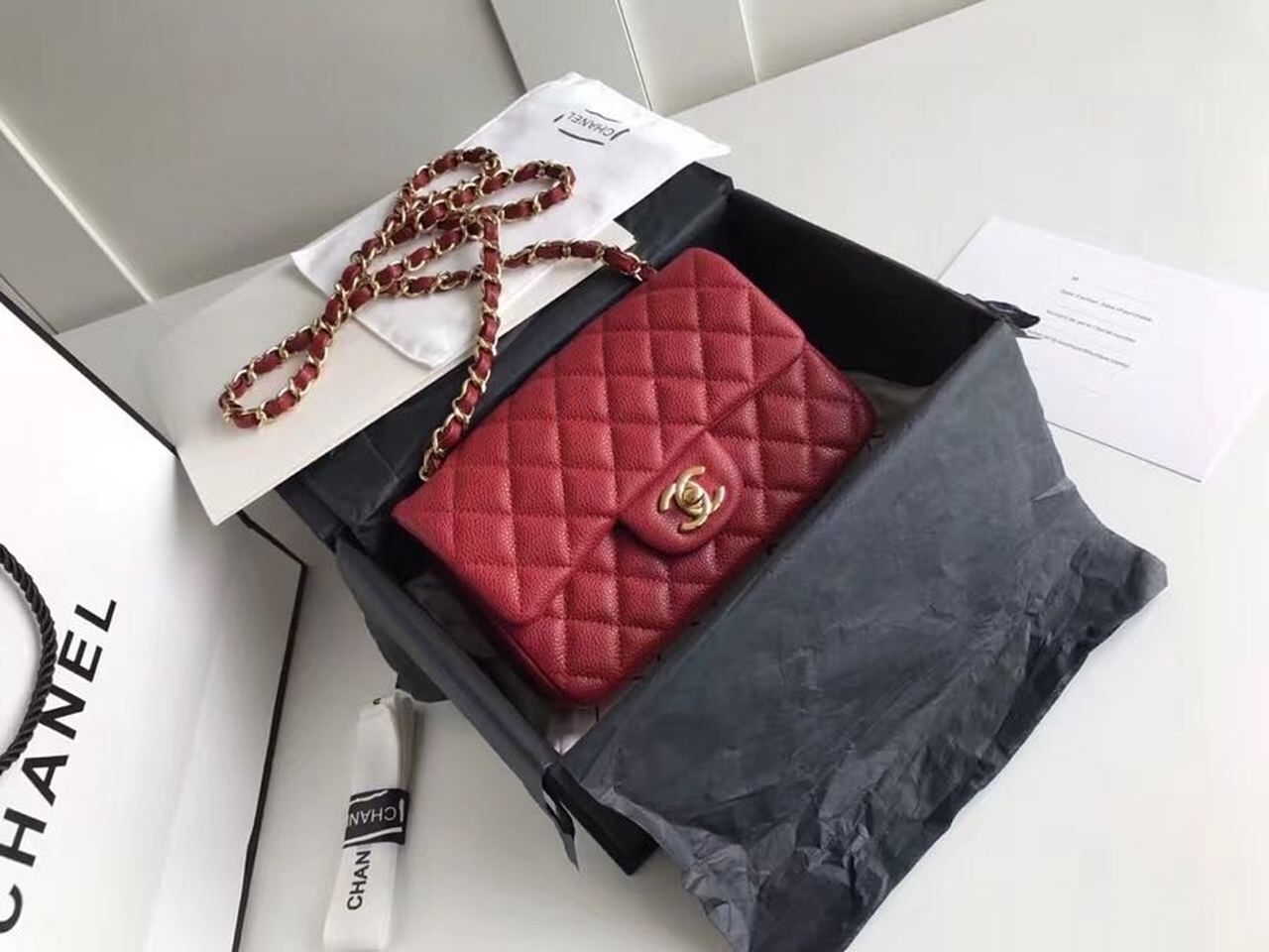 Chanel Classic HandBag With Charm Chain CC Gold Toned Hardware Red For Women – Fapert