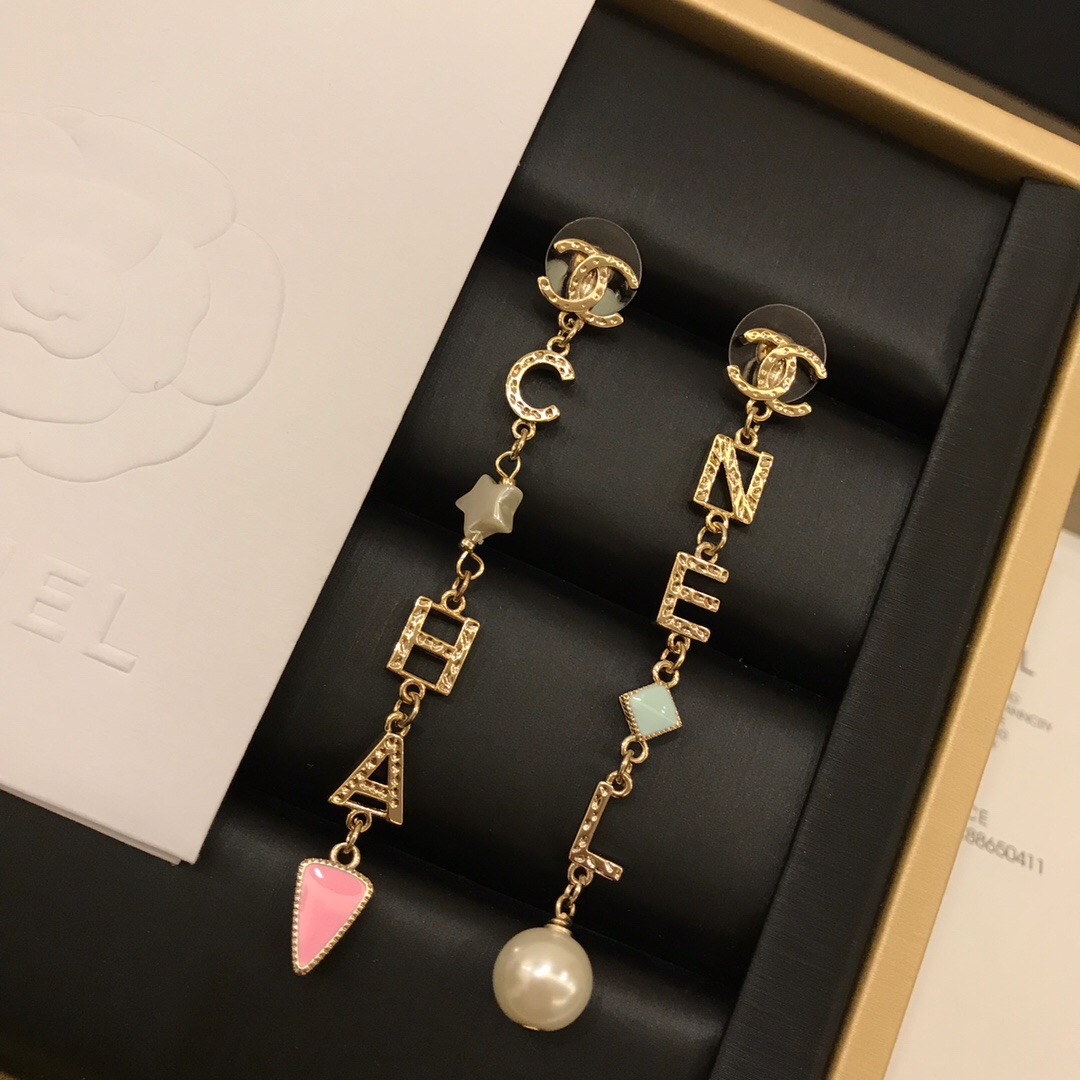 Chanel Logo Text Drop Earrings