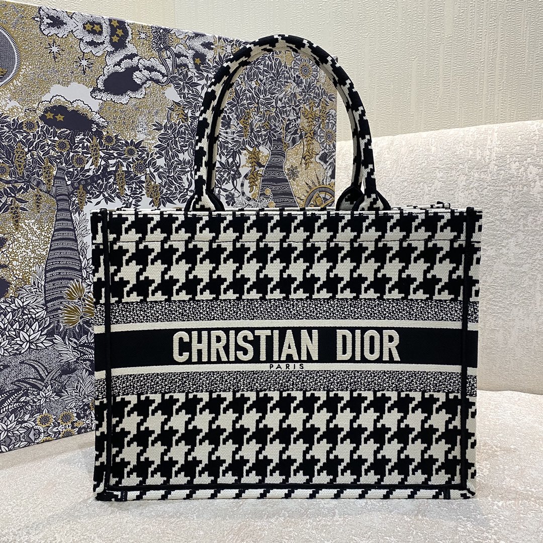 Christian Dior Medium Dior Book Tote Black Macro Houndstooth Embroidery, Blue, For Women Women’s Handbags, Shoulder Bags, 36cm CD M1296ZTQT_M911 – Fapert