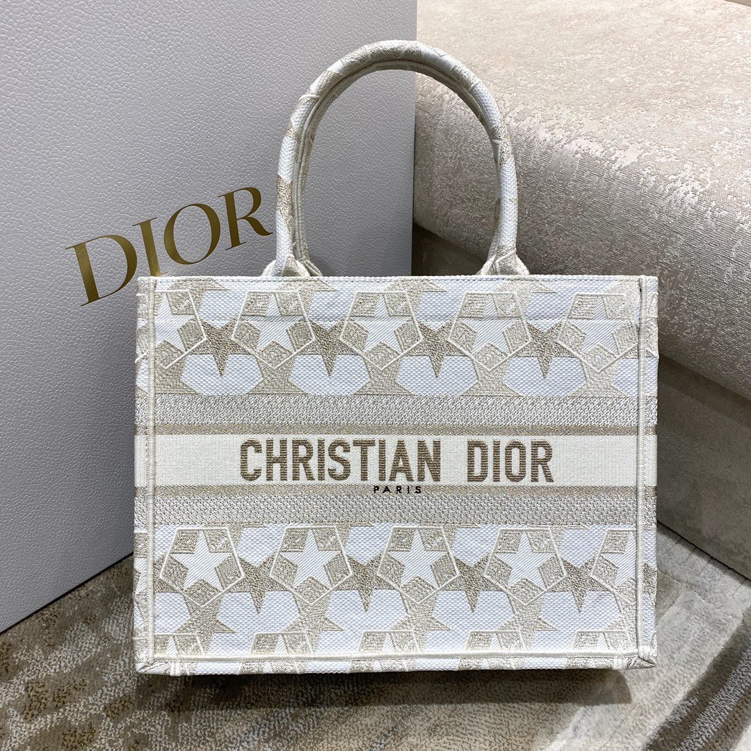 Christian Dior Medium Dior Book Tote Embroidery Stars Gold Dior Bag, Beige, For Women Women’s Handbags, 36cm CD – Fapert