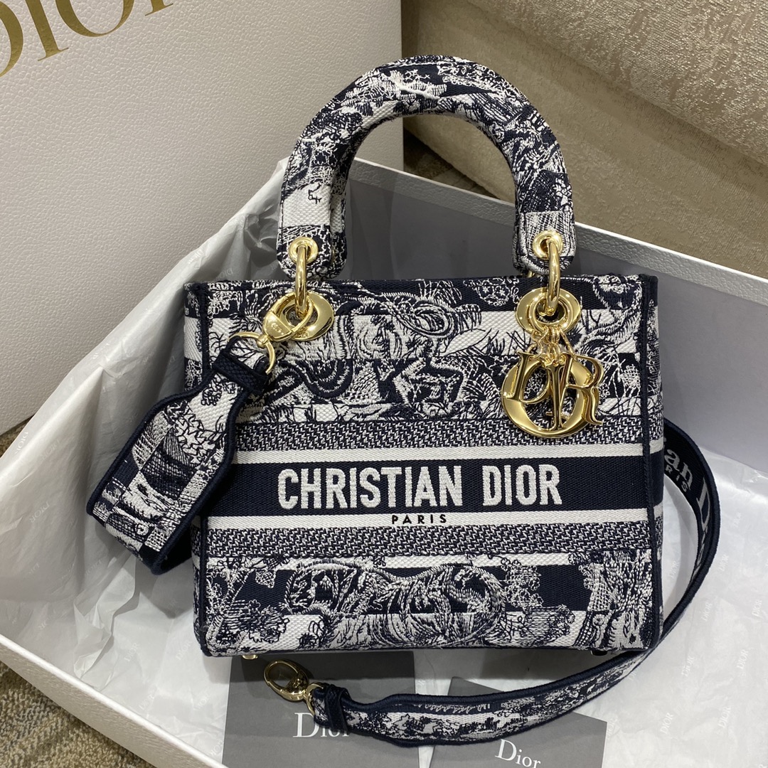 Christian Dior Medium Lady D-Lite Bag Toile de Jouy Stripes Embroidery, Navy Blue, For Women Women’s Handbags, 24cm CD M0565ORLP_M928 – Fapert