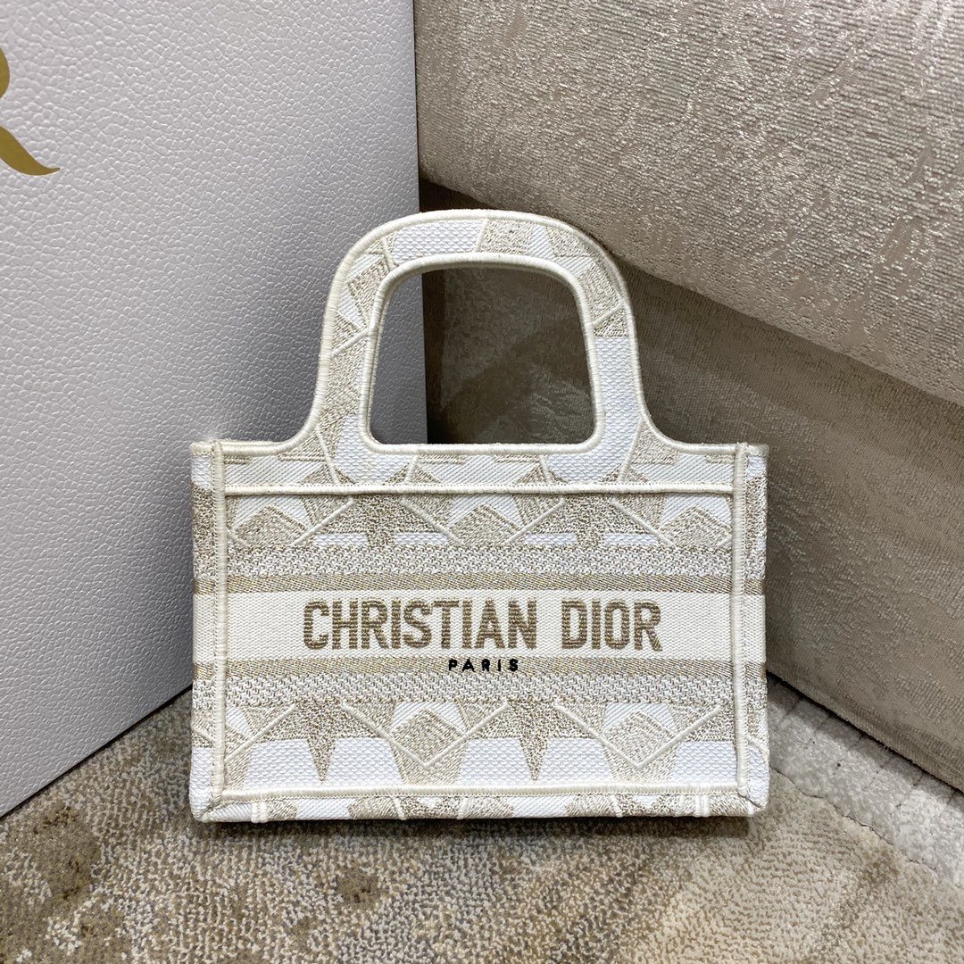 Christian Dior Mini Dior Book Tote Embroidery Stars Gold Dior Bag, Beige, For Women Women’s Handbags, 22