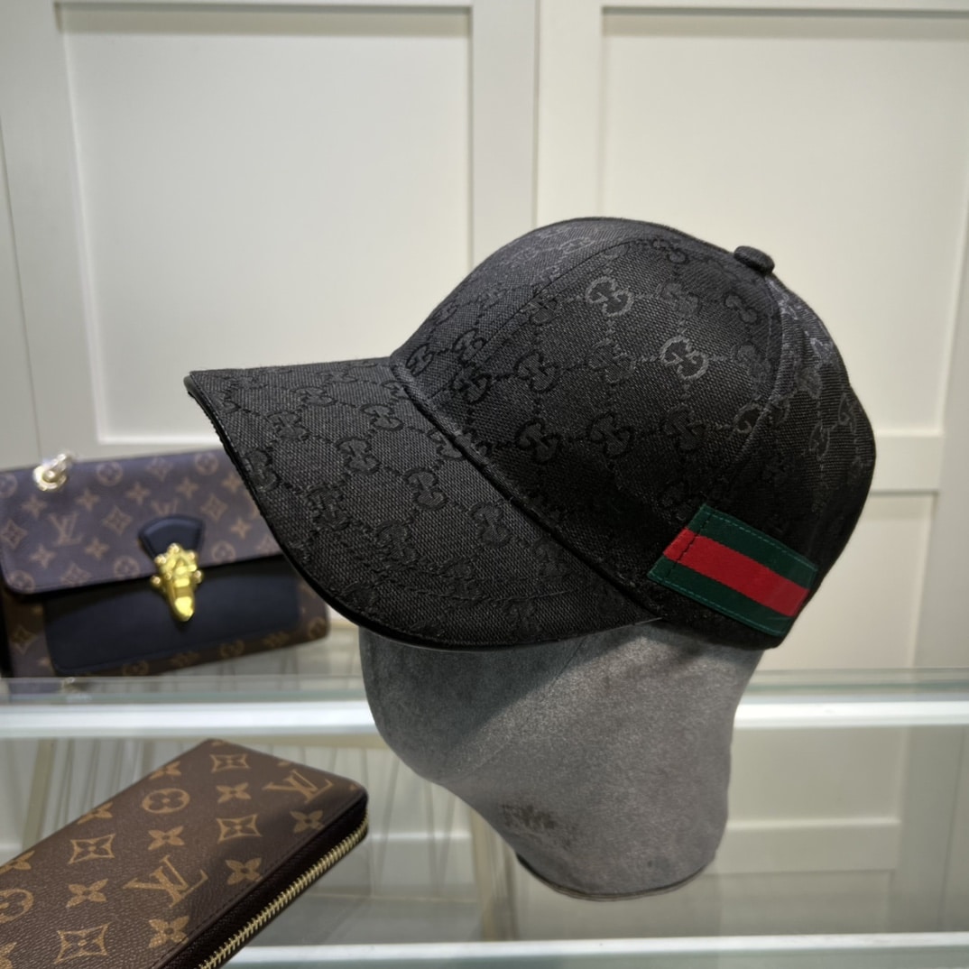 Gucci Original GG Canvas Baseball Hat With Web Black GG Hat