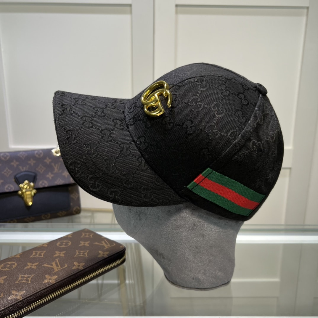 Gucci Original GG Canvas Baseball Hat With Web Black GG Hat